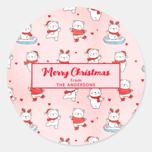Cute Polar Bear Christmas Seamless Pattern Pink Classic Round Sticker