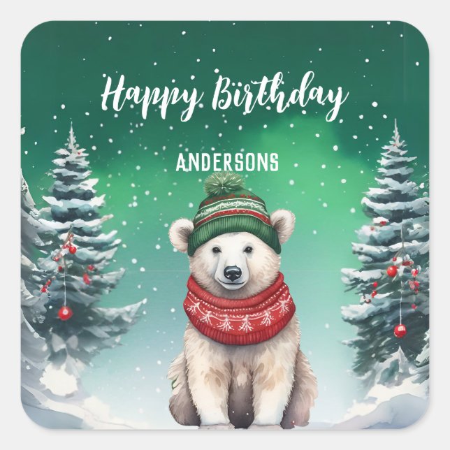 Cute Polar Bear Christmas tree birthday girl party Square Sticker (Front)
