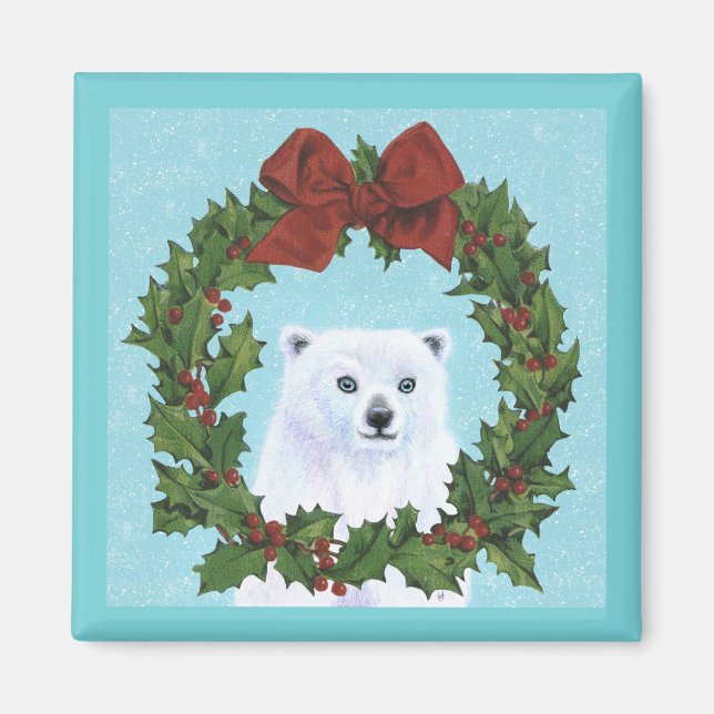 Cute Polar Bear Christmas Wreath Snow magnet (Front)