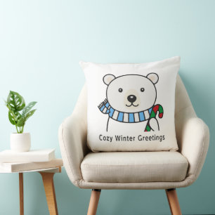 Cute Polar Bear "Cosy Winter Greetings" Kawaii H Cushion