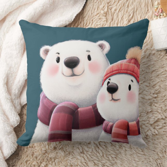 Cute Polar Bear Cubs Wearing Scarves Cushion (Blanket)