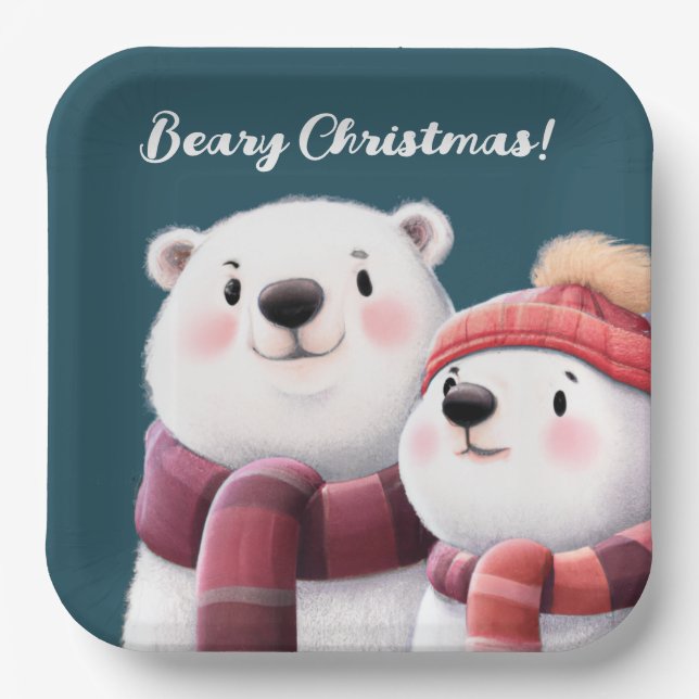 Cute Polar Bear Cubs Wearing Scarves Paper Plate (Front)