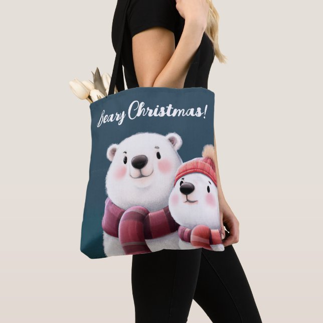 Cute Polar Bear Cubs Wearing Scarves Tote Bag (Close Up)
