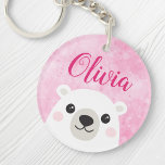 Cute polar bear custom name pink key ring<br><div class="desc">Keychain featuring a cute little polar bear on a pink background and customisable name above.</div>