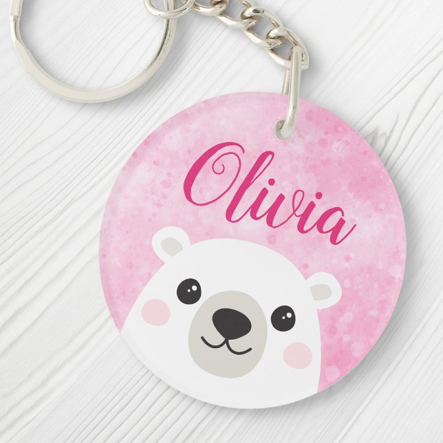 Cute polar bear custom name pink key ring (Creator Uploaded)