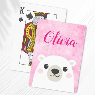 Cute polar bear custom name pink playing cards