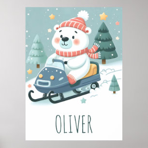 Cute Polar Bear Driving Snowmobile Personalised Poster