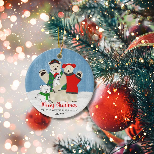 Cute Polar Bear Family Waving Merry Christmas Ceramic Tree Decoration (Creator Uploaded)