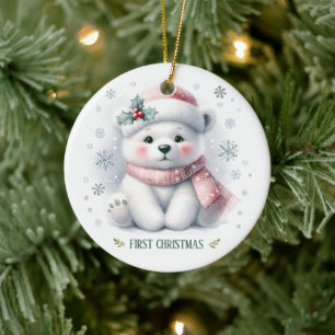 Cute Polar Bear First Christmas Keepsake Photo Ceramic Tree Decoration