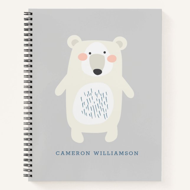 Cute Polar Bear Grey Personalised School Notebook (Front)