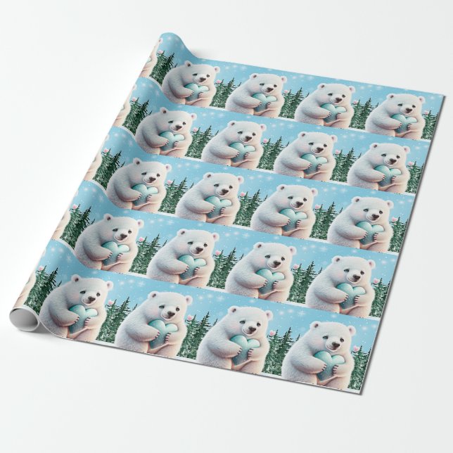 Cute Polar Bear Hearts Kids Winter Wonderland Wrapping Paper (Unrolled)