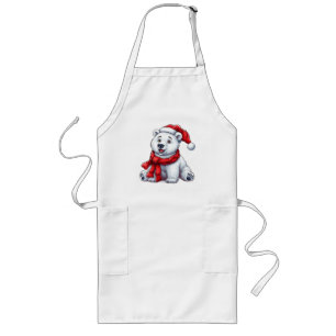 Cute Polar Bear in Santa Hat and Scarf Long Apron