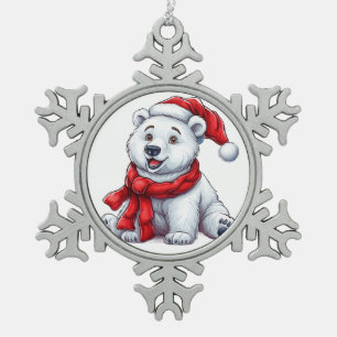 Cute Polar Bear in Santa Hat and Scarf Snowflake Pewter Christmas Ornament
