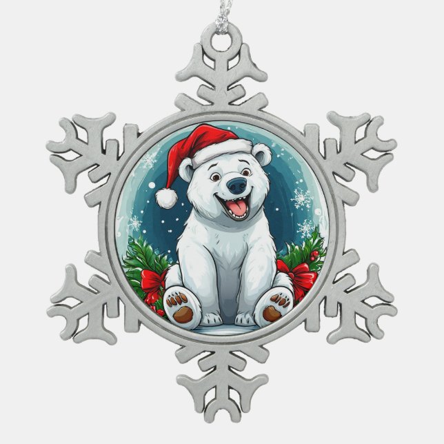 Cute Polar Bear in Santa Hat and Scarf  Snowflake Pewter Christmas Ornament (Front)