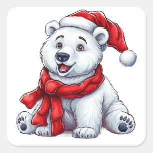 Cute Polar Bear in Santa Hat and Scarf Square Sticker