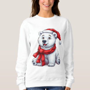Cute Polar Bear in Santa Hat and Scarf Sweatshirt