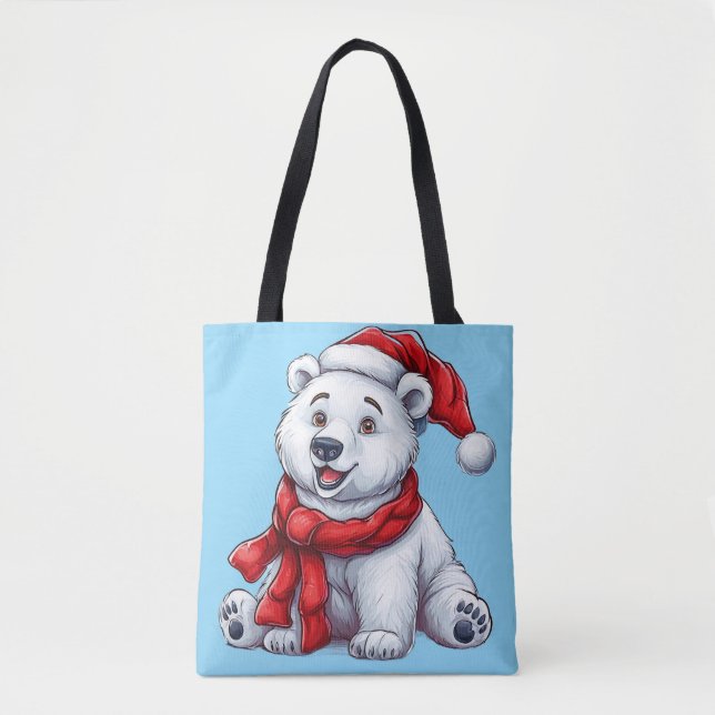 Cute Polar Bear in Santa Hat and Scarf  Tote Bag (Front)