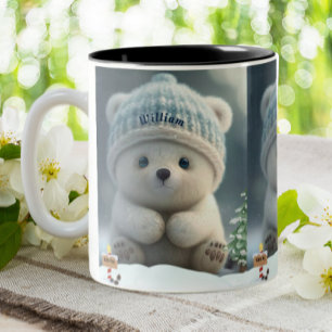 Cute Polar Bear in Snow Blue Hat Personalized  Two-Tone Coffee Mug