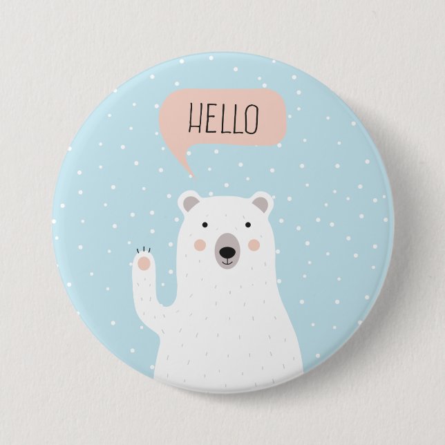 Cute Polar Bear in the Snow says Hello 7.5 Cm Round Badge (Front)