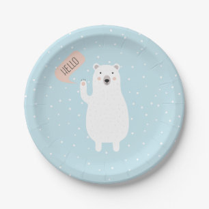 Cute Polar Bear in the Snow says Hello Paper Plate