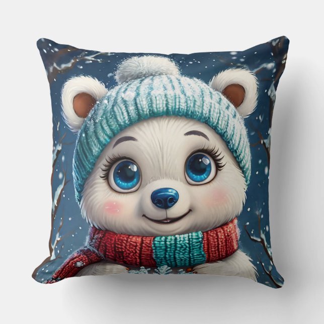 Cute Polar Bear in Winter Scarf Cushion (Front)