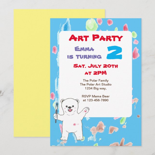 Cute Polar bear kids Art Birthday Party Invitation (Front/Back)
