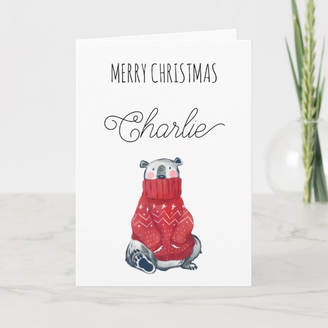 Cute Polar Bear Merry Christmas Name Folded Holiday Card (Front)