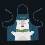 Cute Polar Bear Modern Kids Blue Apron<br><div class="desc">This cute apron features a simple, adorable white bear over a custom colour background (shown in blue). He's wearing a green scarf and is opening his arms, ready for a hug! A text template is included for personalisation, making this apron a unique gift! Perfect for holiday season baking with kids!...</div>