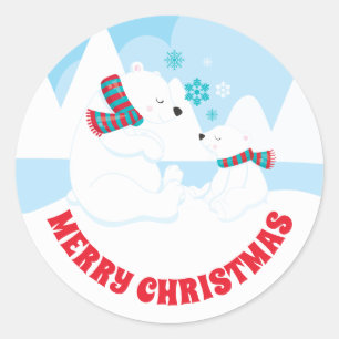 Cute Polar Bear Mum and Baby Merry Christmas Classic Round Sticker
