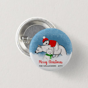 Cute Polar Bear Mum With Cubs Merry Christmas 3 Cm Round Badge