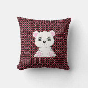 Cute polar bear on black and red diamond pattern cushion