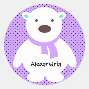 Cute Polar Bear on Lilac, Add Name Classic Round Sticker