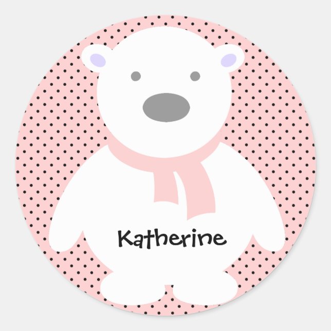 Cute Polar Bear on Pink, Add Name Classic Round Sticker (Front)