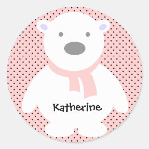 Cute Polar Bear on Pink, Add Name Classic Round Sticker