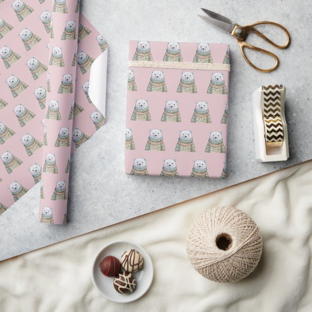Cute Polar Bear on Pink Christmas Pattern Wrapping Paper (Crafts)