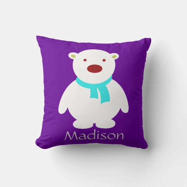Cute Polar Bear on Purple & Aqua Pillow, Add Name Cushion (Front)