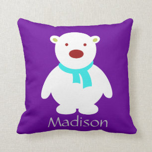 Cute Polar Bear on Purple & Aqua Pillow, Add Name Cushion