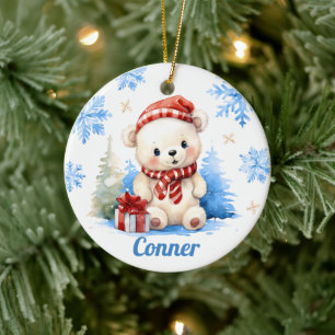 Cute Polar Bear Personalised Christmas Ceramic Tree Decoration