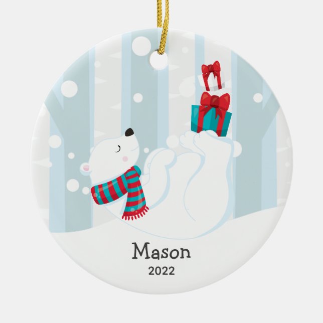 Cute Polar Bear Personalised Christmas Ornament (Front)