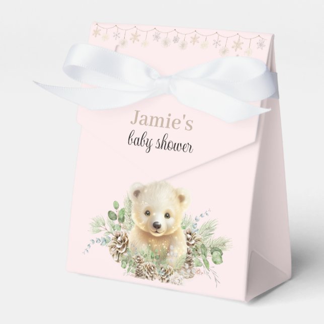Cute Polar Bear Pink Winter Baby Shower Favour Box (Front Side)