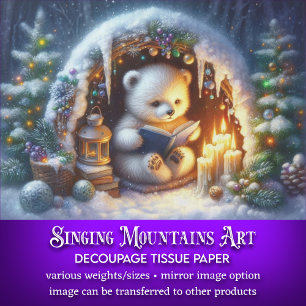 Cute Polar Bear Reading by Candlelight Decoupage Tissue Paper