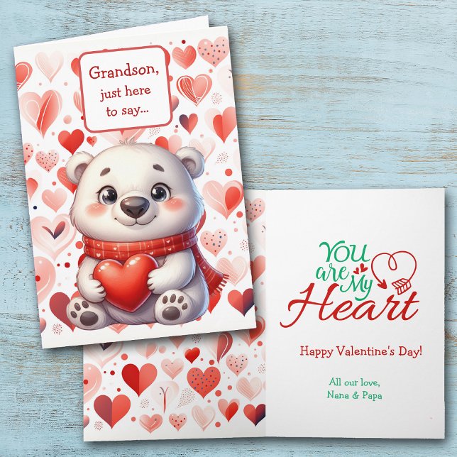 Cute Polar Bear Red Heart Grandson Valentine Holiday Card (Creator Uploaded)