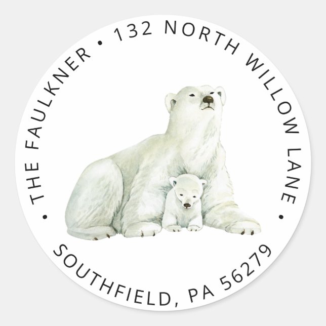 Cute Polar Bear Return Address Classic Round Sticker (Front)