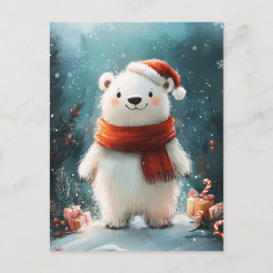Cute Polar Bear Santa Hat and Scarf Art Postcard