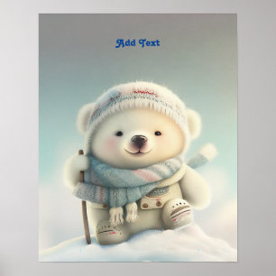 Cute Polar Bear Skiing Hat and Scarf Nursery Art Poster