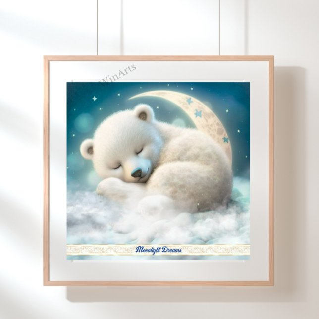 Cute Polar Bear Sleeping on the Moon in Clouds Art Poster (Creator Uploaded)