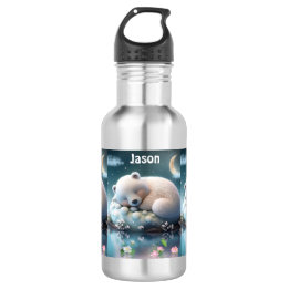Cute Polar Bear sleeping Stars Moon Kids Name 532 Ml Water Bottle