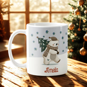 Cute Polar Bear Snowflakes Drawing Name Christmas Coffee Mug