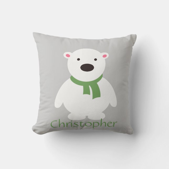 Cute Polar Bear w Green Scarf, Add Name Cushion (Front)