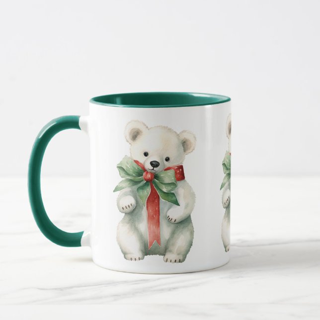 Cute Polar Bear Watercolor Red Green Mug (Left)